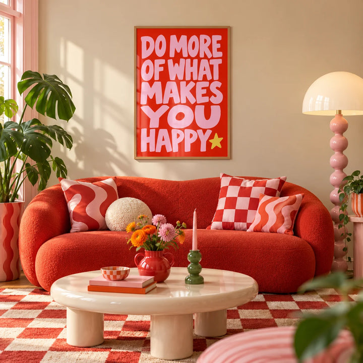 Happiness Print, framed on the wall of a colourful dopamine living room