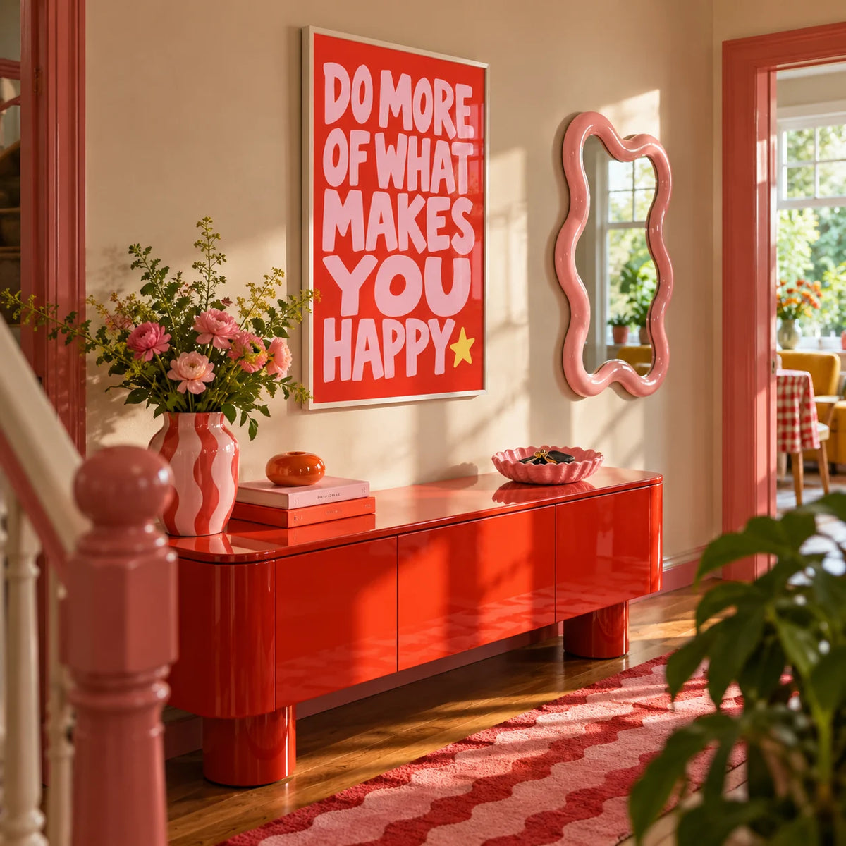 Happiness Print, framed on the wall of a fun colourful hallway