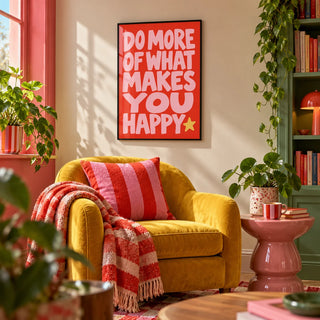 Happiness Print, framed on the wall of a maximalist reading corner in a living room