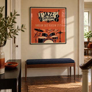 Harlem Jazz Art, framed on the wall of a characterful hallway in a UK maisonette with warm cream walls and dark wooden floorboards