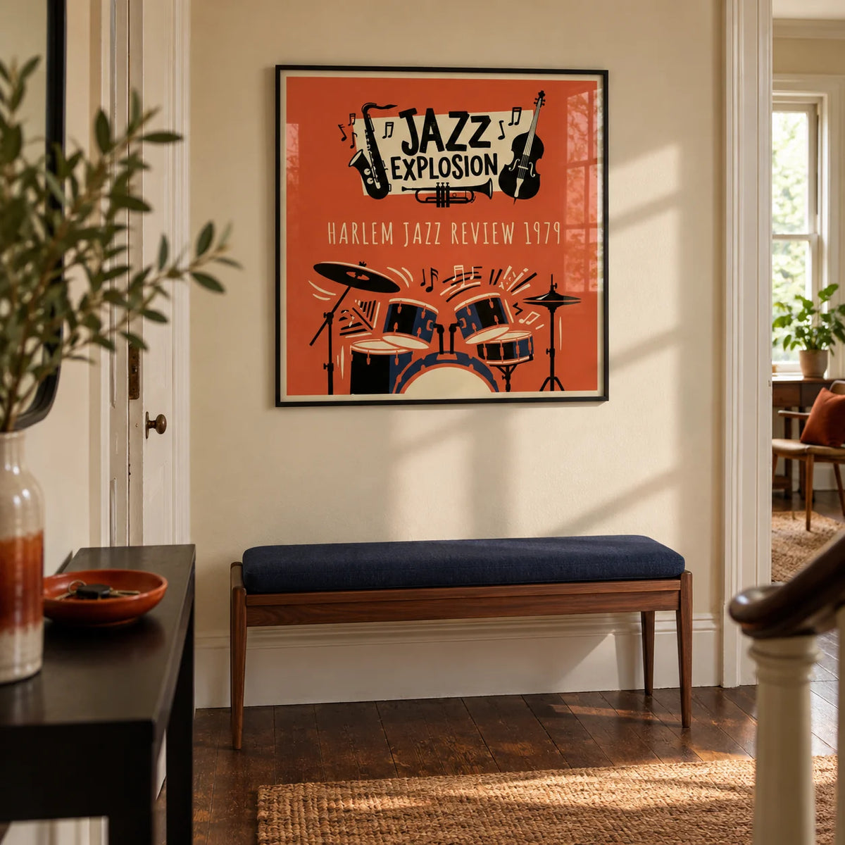 Harlem Jazz Art, framed on the wall of a characterful hallway in a UK maisonette with warm cream walls and dark wooden floorboards