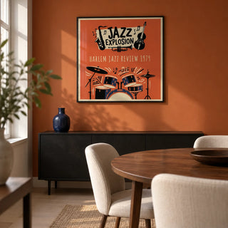 Harlem Jazz Art, framed on the wall of a compact modern dining room in a UK flat with a muted burnt orange wall and pale wooden floor