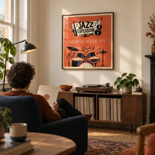 Harlem Jazz Art, framed on the wall of a dedicated listening corner in a Victorian terrace with a warm white wall in a living room