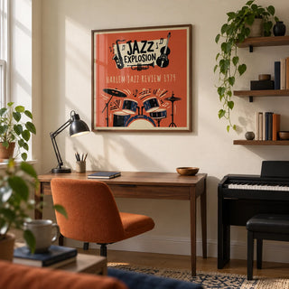 Harlem Jazz Art, framed on the wall of a home music study in a converted UK terrace with a cream wall and simple walnut shelving