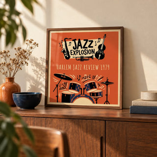 Harlem Jazz Art, a small A4 framed print leaning on a walnut sideboard in a living room