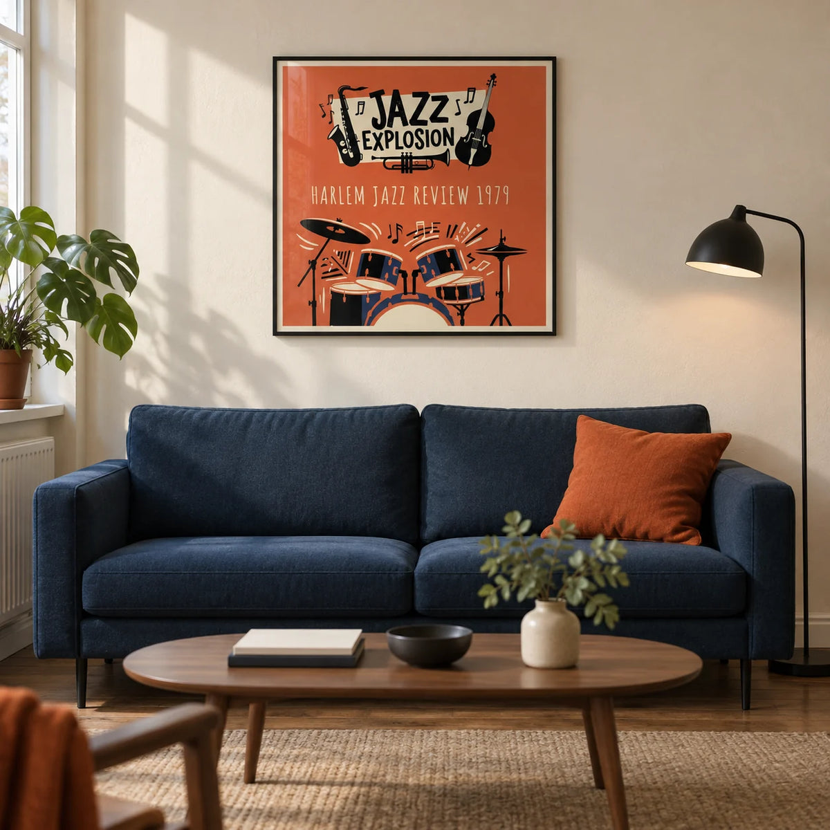 Harlem Jazz Art, framed on the wall of a warm modern living room in a UK city flat with cream plaster walls and walnut floorboards