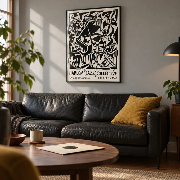Harlem Jazz Print, framed on the wall of a city flat living room with a soft grey wall