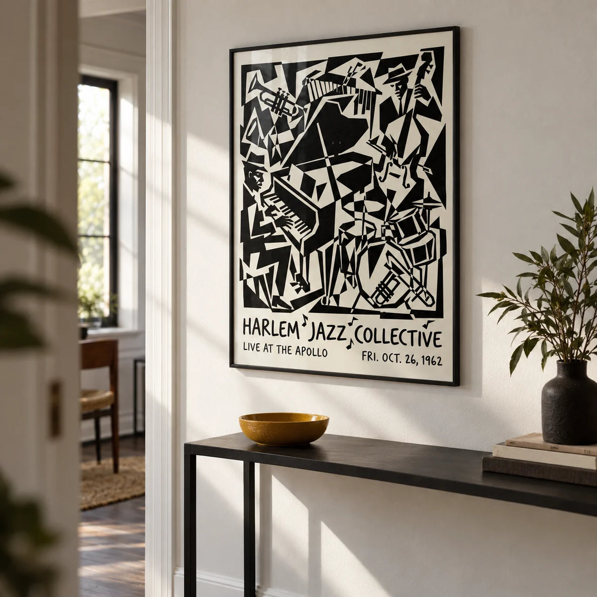 Harlem Jazz Print, framed on the wall of a crisp hallway with a white wall and a dark oak floor