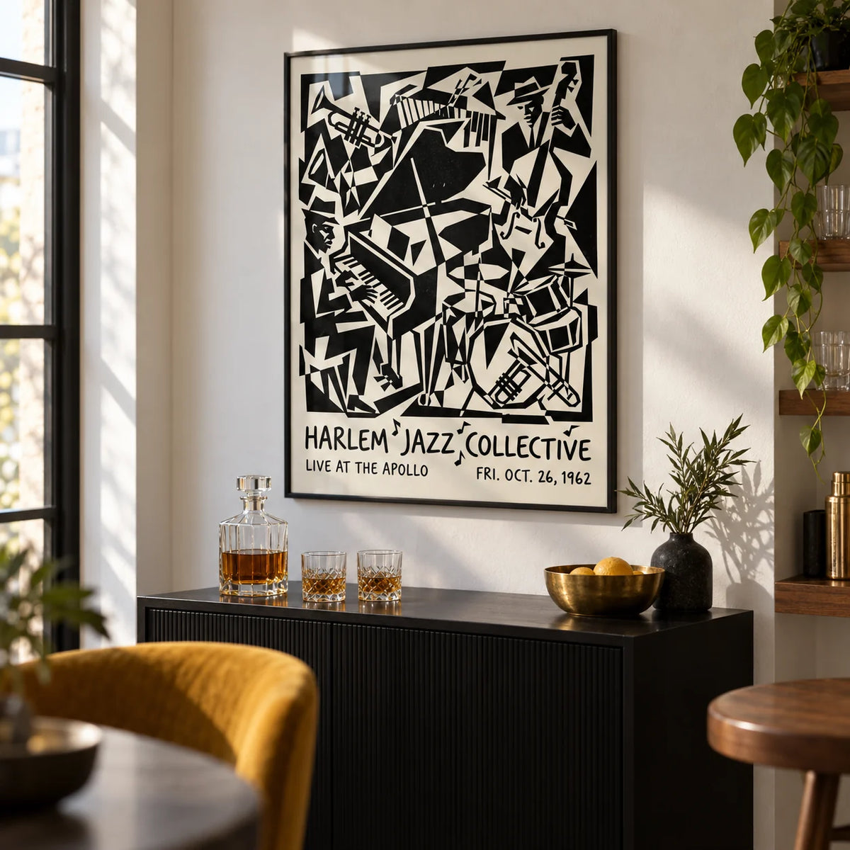 Harlem Jazz Print, framed on the wall of a modern home bar corner with a white wall in a living room
