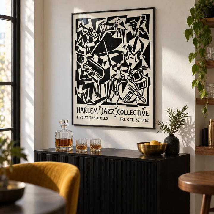 Harlem Jazz Print, framed on the wall of a modern home bar corner with a white wall in a living room