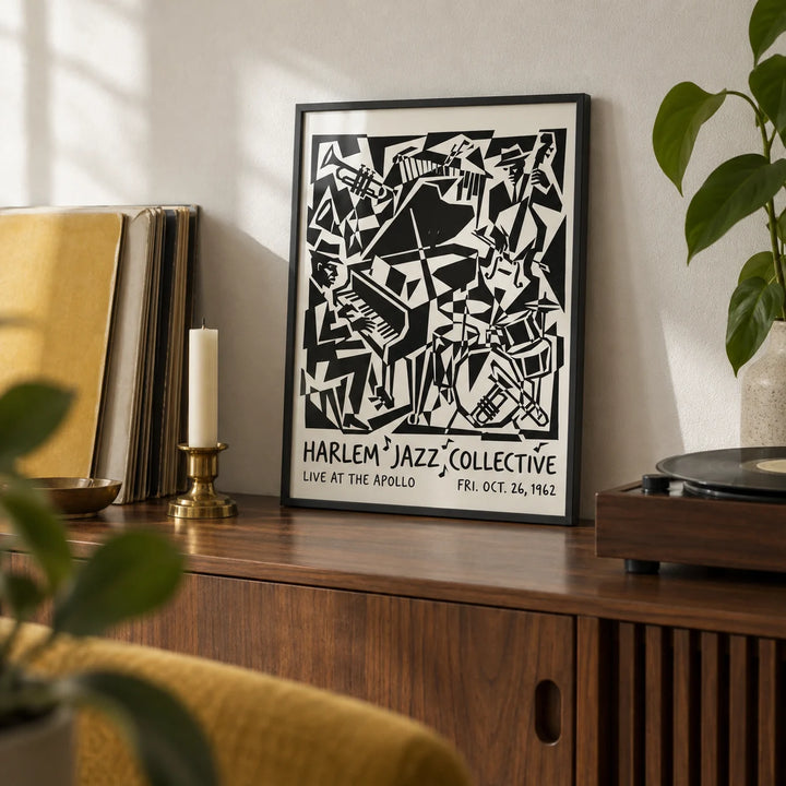 Harlem Jazz Print, a small A4 framed print leaning on a shelf in a living room