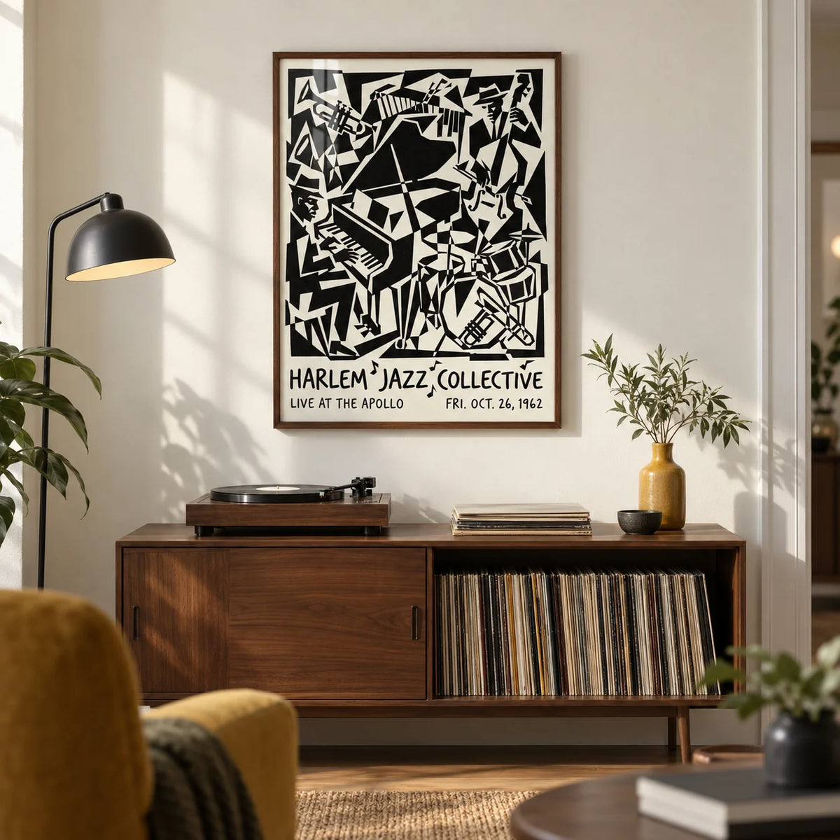 Harlem Jazz Print, framed on the wall of a stylish music room with a warm white wall