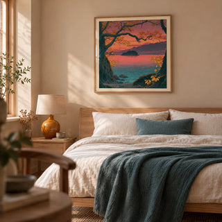 Hasui Kawase Autumn Lake, framed on the wall of a calm Japandi bedroom in a UK home with pale clay walls