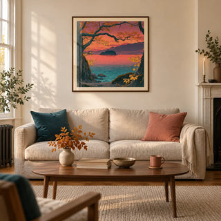Hasui Kawase Autumn Lake, framed on the wall of a considered living room in a Victorian terrace with warm ivory plaster walls and oak floorboards