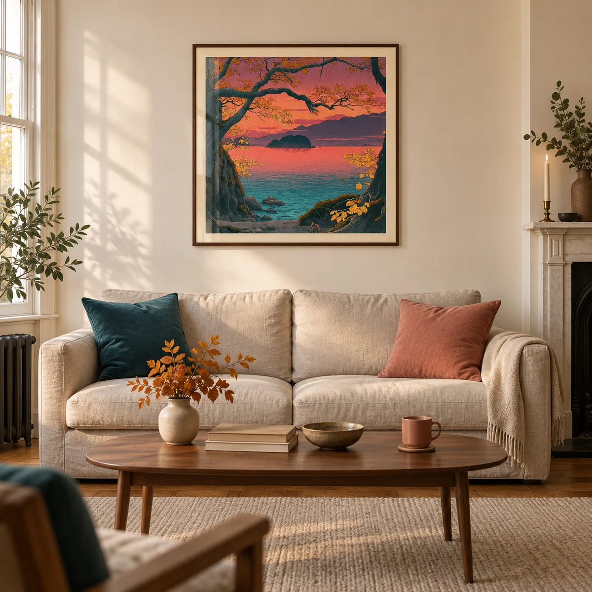 Hasui Kawase Autumn Lake, framed on the wall of a considered living room in a Victorian terrace with warm ivory plaster walls and oak floorboards