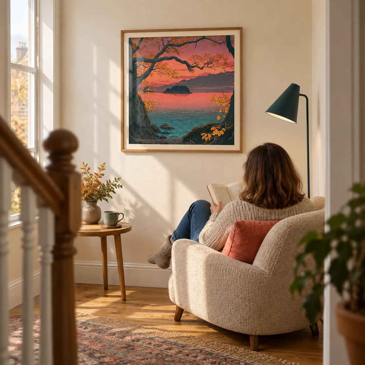 Hasui Kawase Autumn Lake, framed on the wall of a quiet reading corner on a spacious landing in a UK terrace with warm cream walls and oak floorboards in a living room