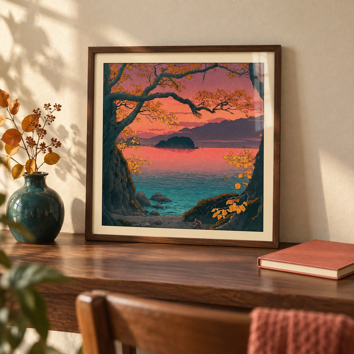 Hasui Kawase Autumn Lake, a small A4 framed print leaning on a walnut writing desk