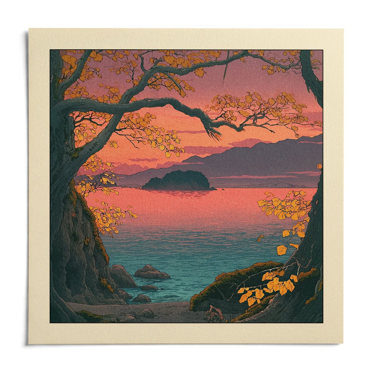 Hasui Kawase Autumn Lake, shown as an unframed paper print on a plain white background
