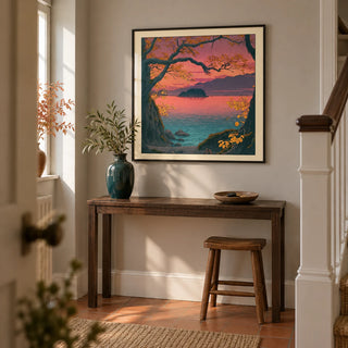Hasui Kawase Autumn Lake, framed on the wall of a welcoming hallway in a renovated UK terrace with pale warm grey walls and a plain terracotta floor