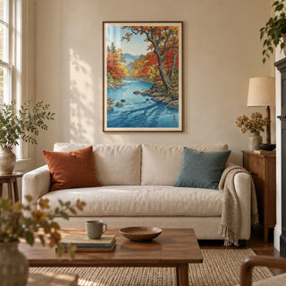 Hasui Kawase Autumn Print, framed on the wall of a calm living room in a Victorian terrace with warm ivory plaster walls