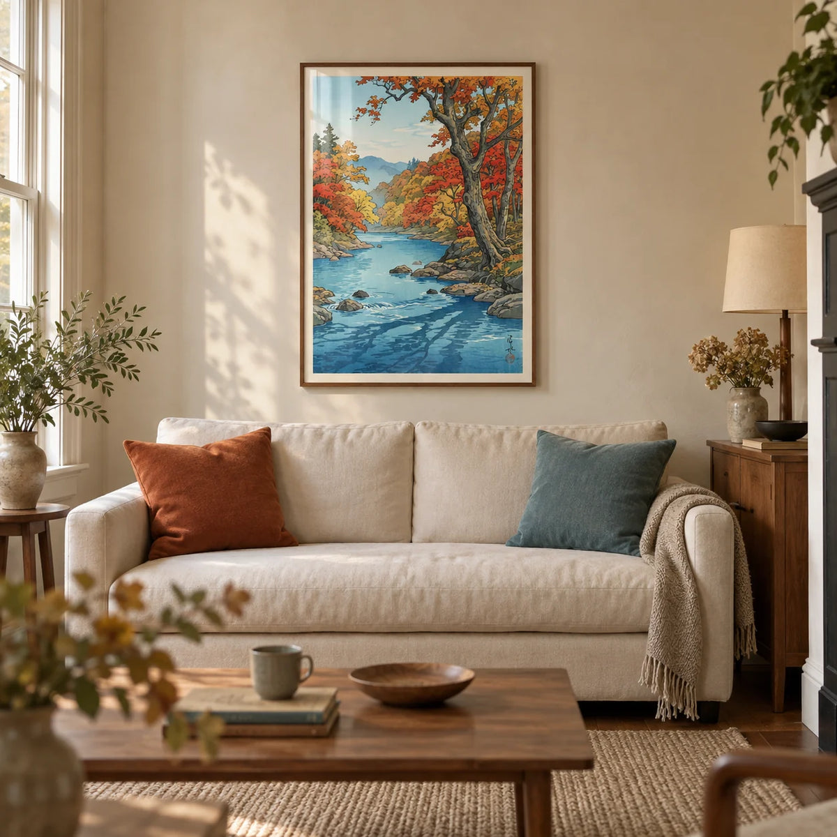 Hasui Kawase Autumn Print, framed on the wall of a calm living room in a Victorian terrace with warm ivory plaster walls