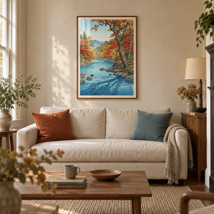 Hasui Kawase Autumn Print, framed on the wall of a calm living room in a Victorian terrace with warm ivory plaster walls