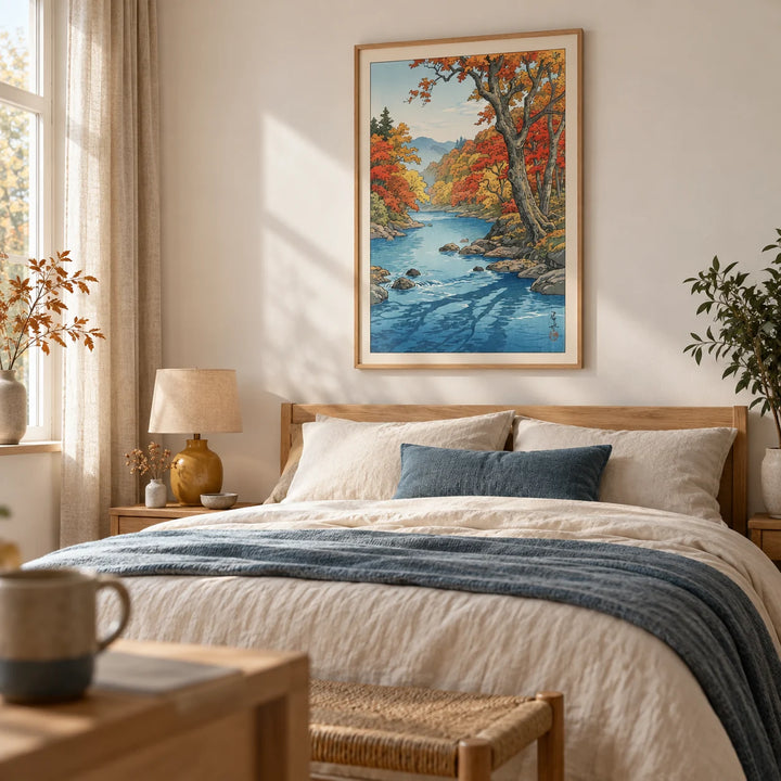 Hasui Kawase Autumn Print, framed on the wall of a peaceful Japandi bedroom in a UK family home with chalk-white walls and pale oak furniture