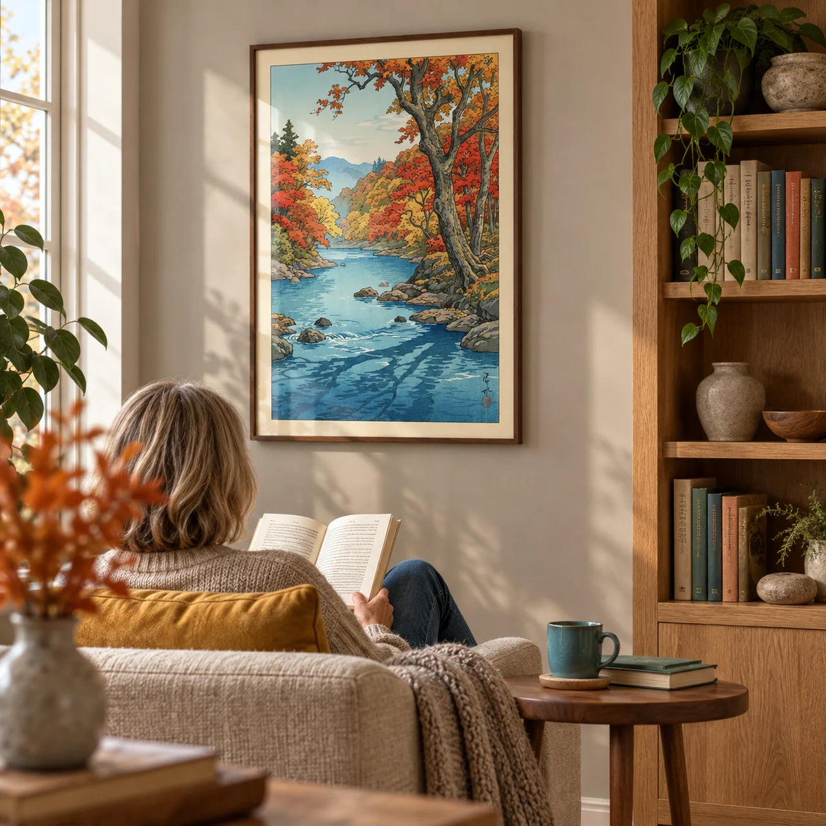 Hasui Kawase Autumn Print, framed on the wall of a quiet reading corner in a mature couple's flat with a soft warm-grey wall and a built-in oak bookcase to one side in a living room