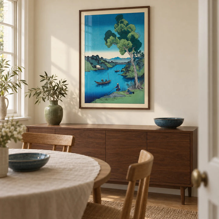 Hasui Kawase Bay Print, framed on the wall of a modest dining room in a UK home with pale cream walls
