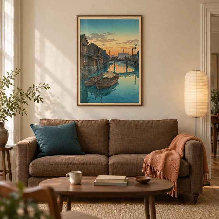 Hasui Kawase Boat Canal Print, framed on the wall of a calm living room in a Victorian terrace with warm cream plaster walls and oak floorboards