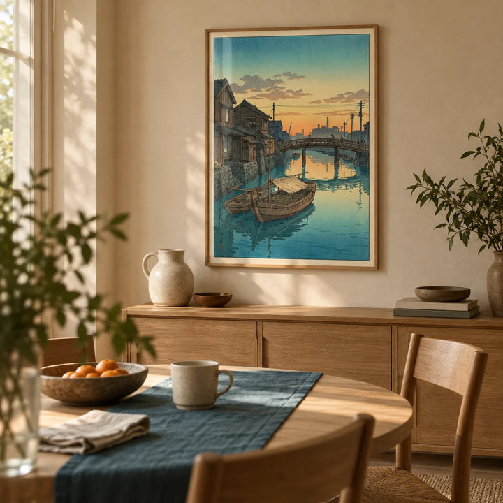 Hasui Kawase Boat Canal Print, framed on the wall of a compact dining nook in a thoughtfully furnished UK flat with pale clay plaster walls