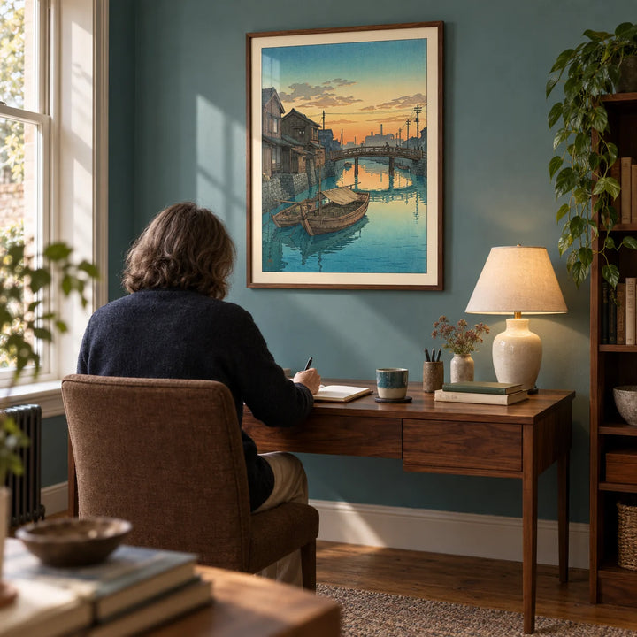 Hasui Kawase Boat Canal Print, framed on the wall of a quiet study in a mature couple’s UK home with a muted teal wall and warm wooden floor