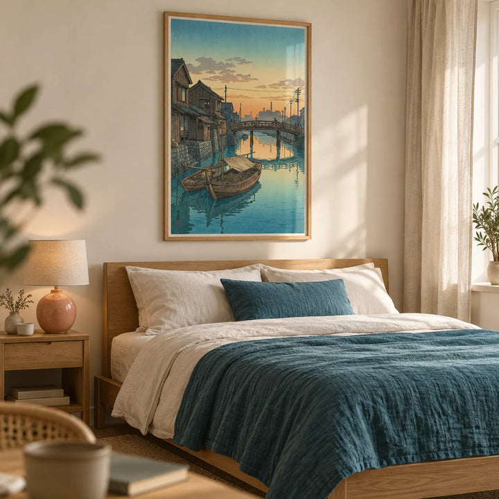 Hasui Kawase Boat Canal Print, framed on the wall of a restful Japanese-inspired bedroom in a UK flat with pale cream walls