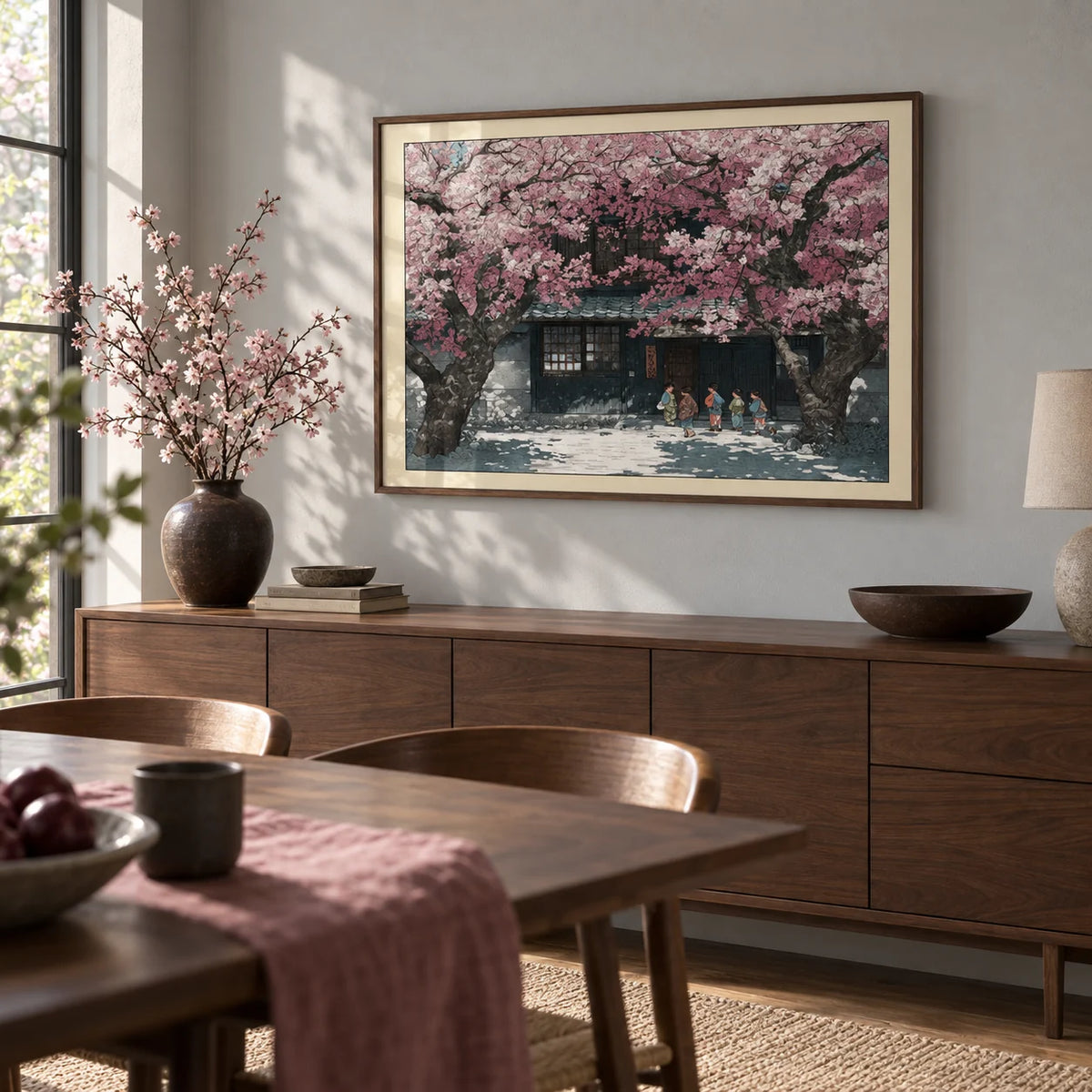 Hasui Kawase Cherry Blossoms, framed on the wall of a calm dining room with a pale grey wall