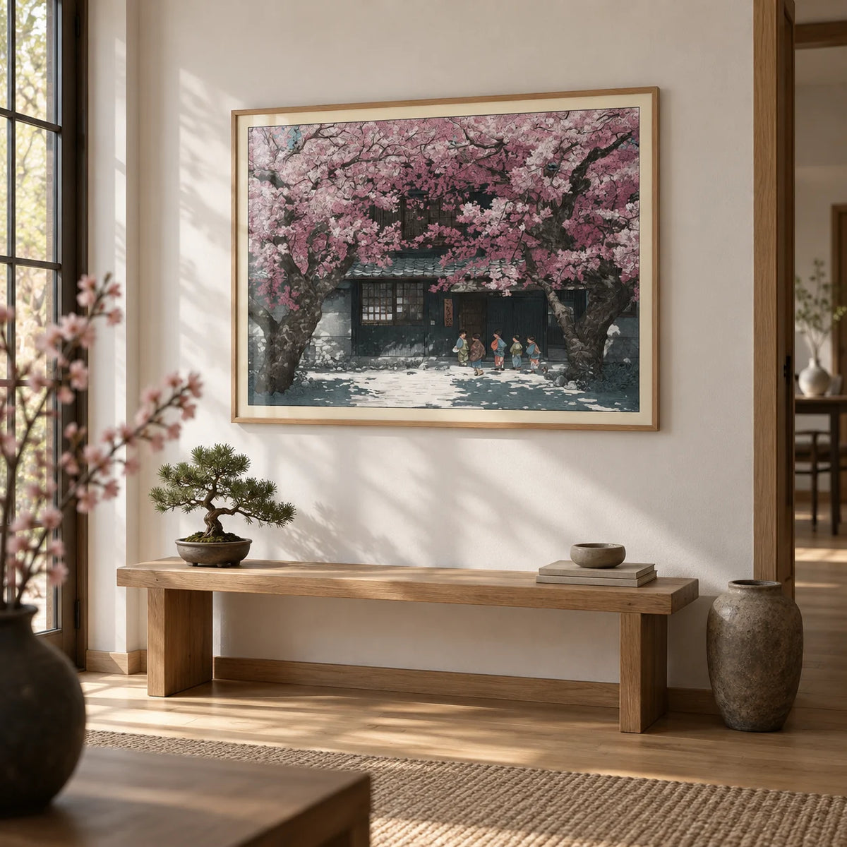 Hasui Kawase Cherry Blossoms, framed on the wall of a calm hallway with a soft white wall and an oak floor