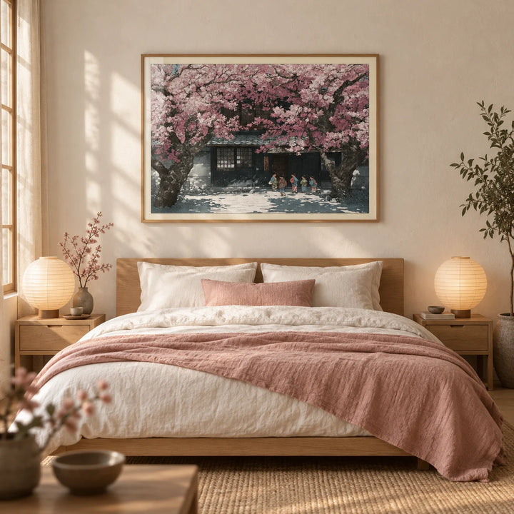 Hasui Kawase Cherry Blossoms, framed on the wall of a calm Japandi bedroom with a warm white plaster wall