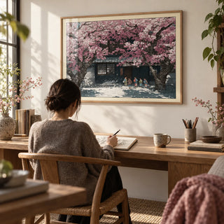 Hasui Kawase Cherry Blossoms, framed on the wall of a quiet study with a warm white wall