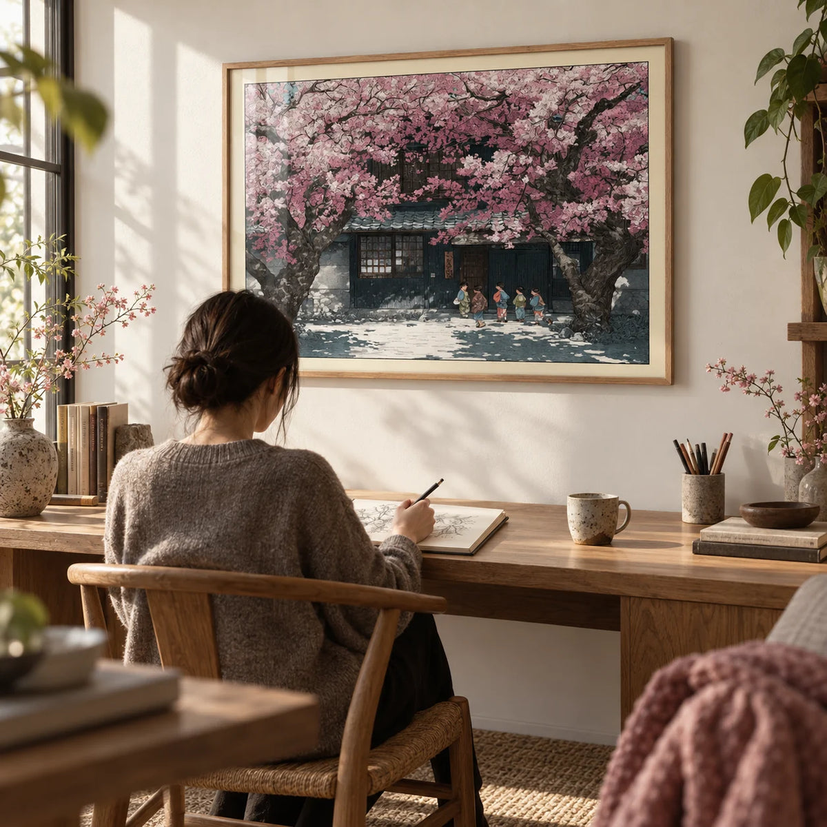 Hasui Kawase Cherry Blossoms, framed on the wall of a quiet study with a warm white wall