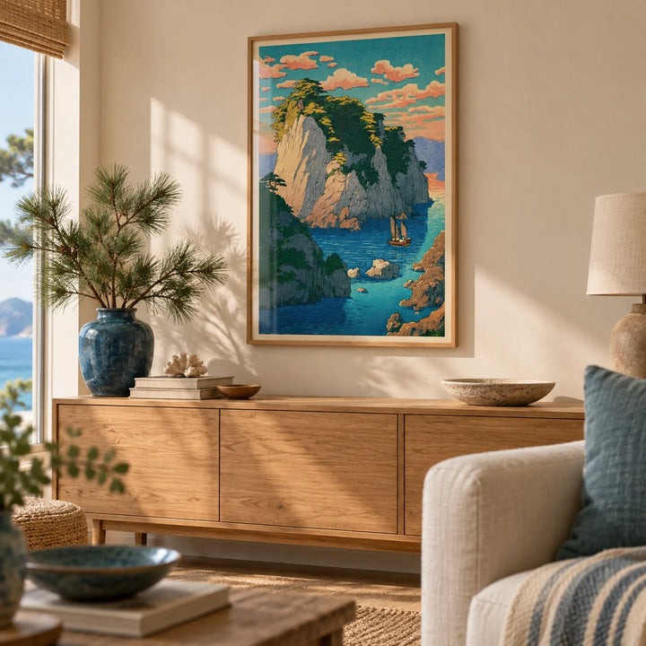 Hasui Kawase Coastal Print, framed on the wall of a calm coastal living room with a soft beige wall