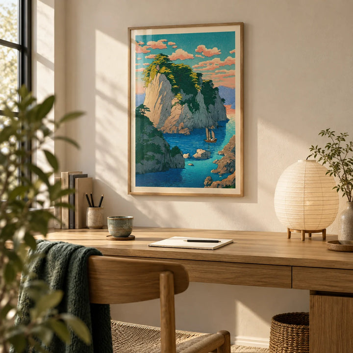 Hasui Kawase Coastal Print, framed on the wall of a minimal home study with a beige wall