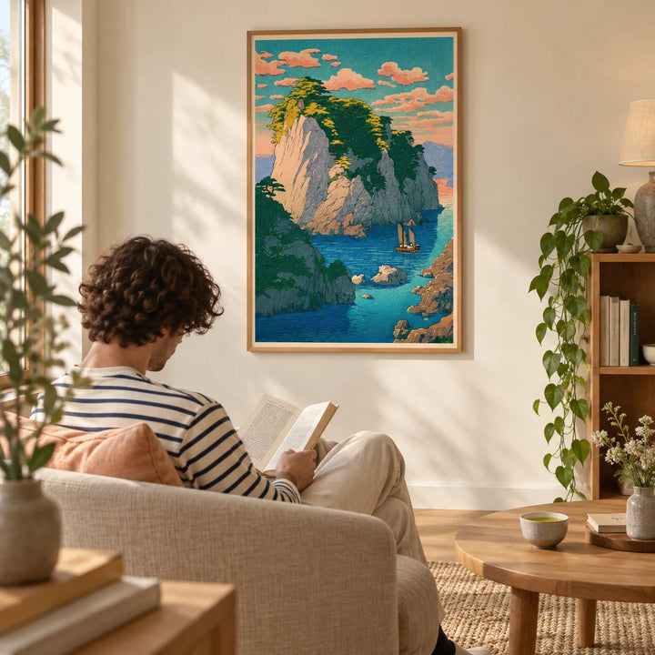 Hasui Kawase Coastal Print, framed on the wall of a quiet reading corner with a warm white wall and a light oak floor in a living room
