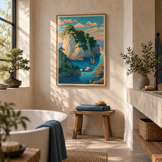 Hasui Kawase Coastal Print, framed on the wall of a serene bathroom with pale plaster walls and a plain stone floor