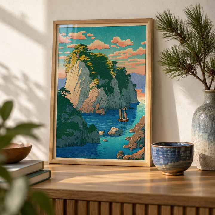 Hasui Kawase Coastal Print, a small A4 framed print leaning on an oak shelf in a living room