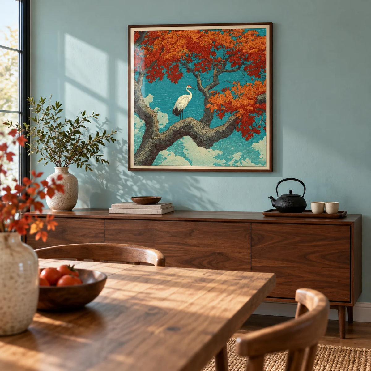 Hasui Kawase Crane Print, framed on the wall of a calm dining room with a pale turquoise painted wall