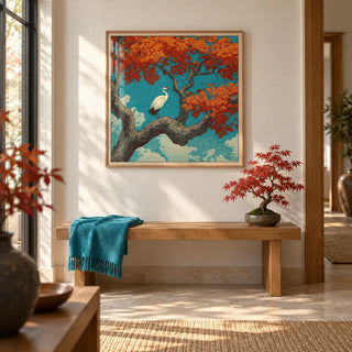 Hasui Kawase Crane Print, framed on the wall of a calm entrance hall with a warm white wall and a pale stone floor