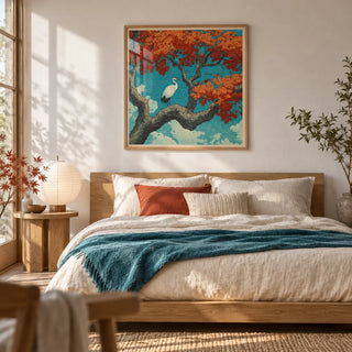 Hasui Kawase Crane Print, framed on the wall of a quiet Japandi bedroom with a soft white wall