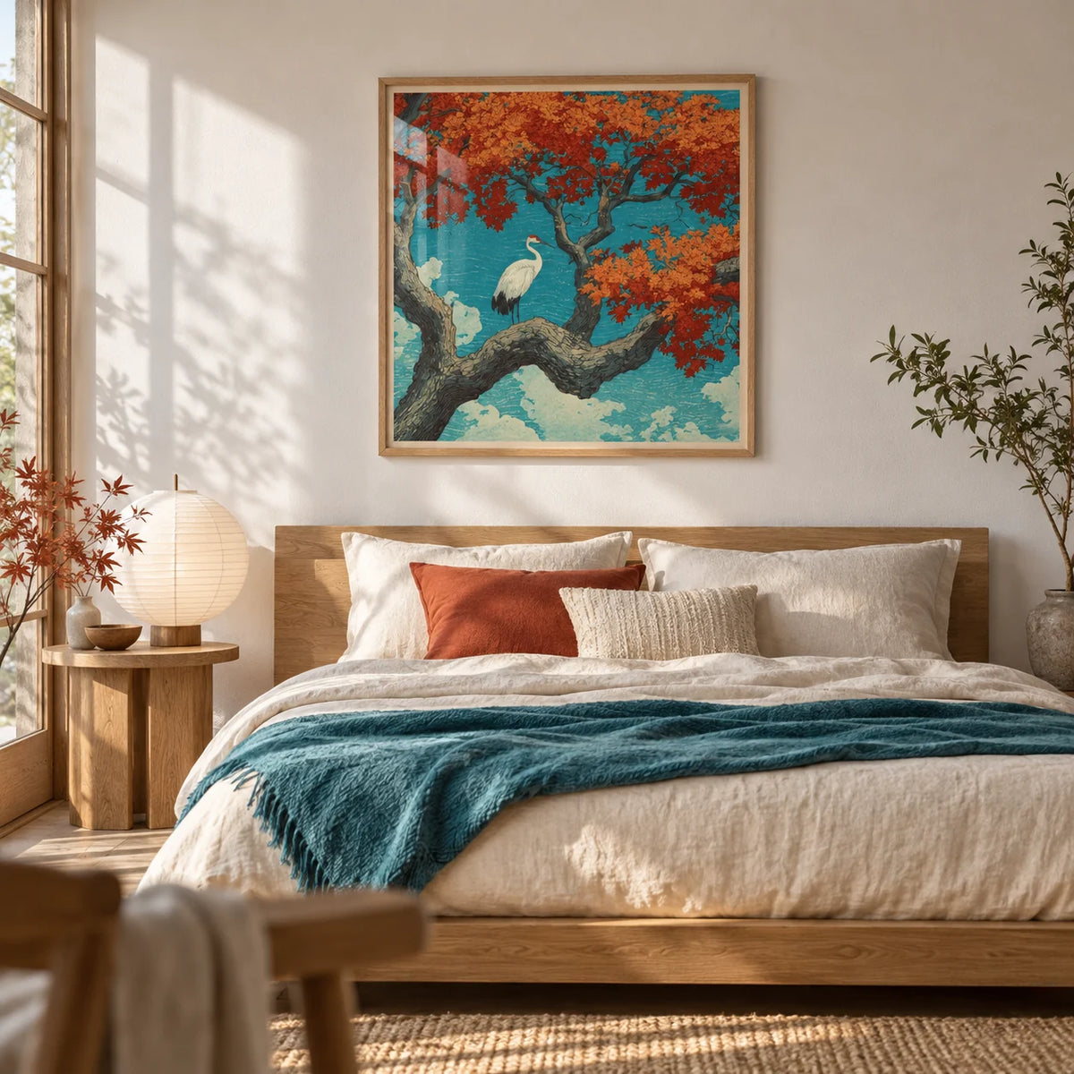 Hasui Kawase Crane Print, framed on the wall of a quiet Japandi bedroom with a soft white wall