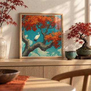 Hasui Kawase Crane Print, a small A4 framed print leaning on a pale oak shelf in a living room