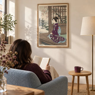 Hasui Kawase Geisha Print, framed on the wall of a calm reading corner in a UK flat with a soft cream wall and an oak floor in a living room