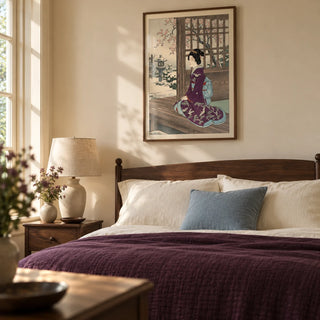 Hasui Kawase Geisha Print, framed on the wall of a restful bedroom in a UK period home with warm cream walls